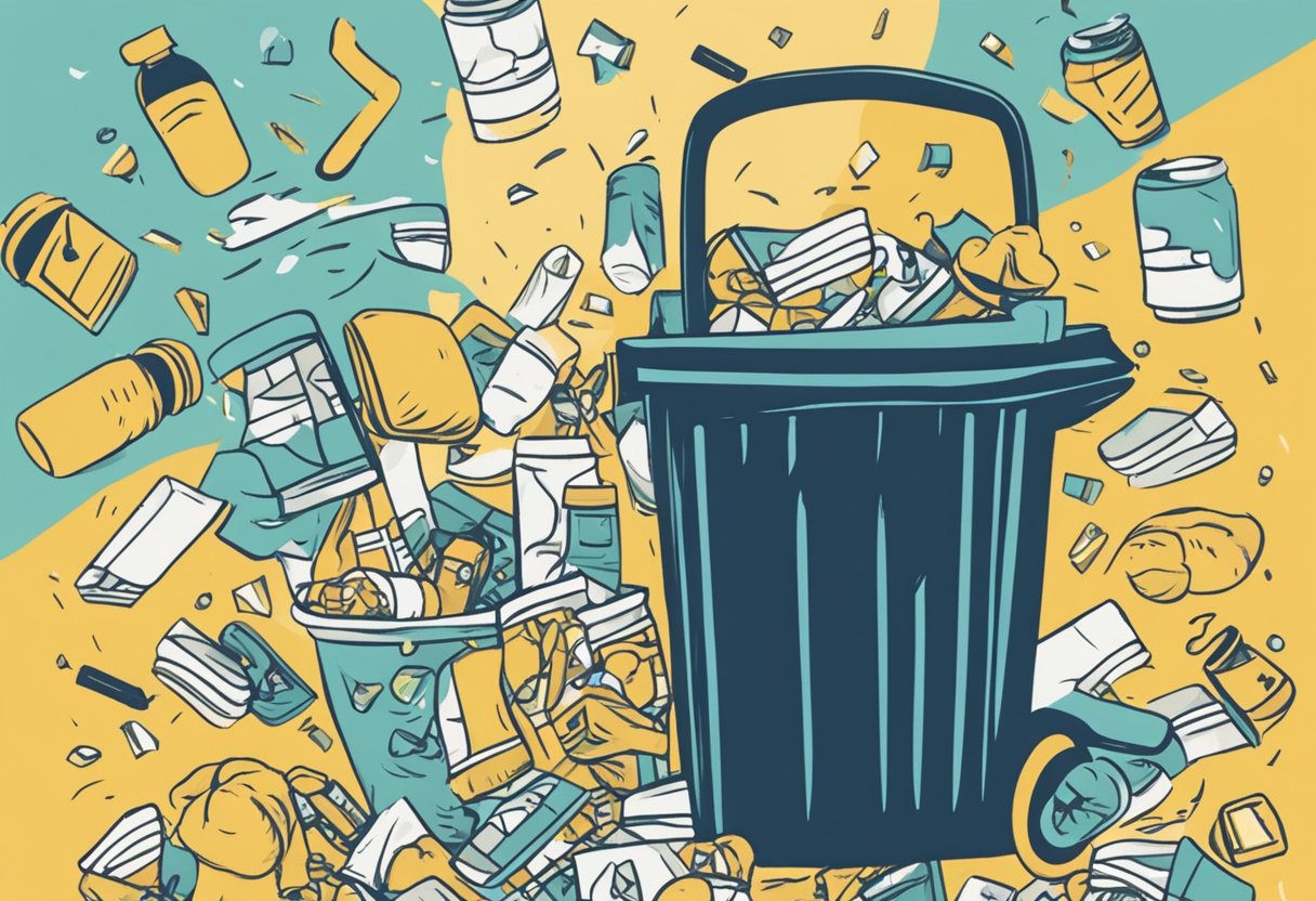 A person throwing away cigarettes, alcohol, and unhealthy snacks into a trash can while holding a yoga mat and a water bottle