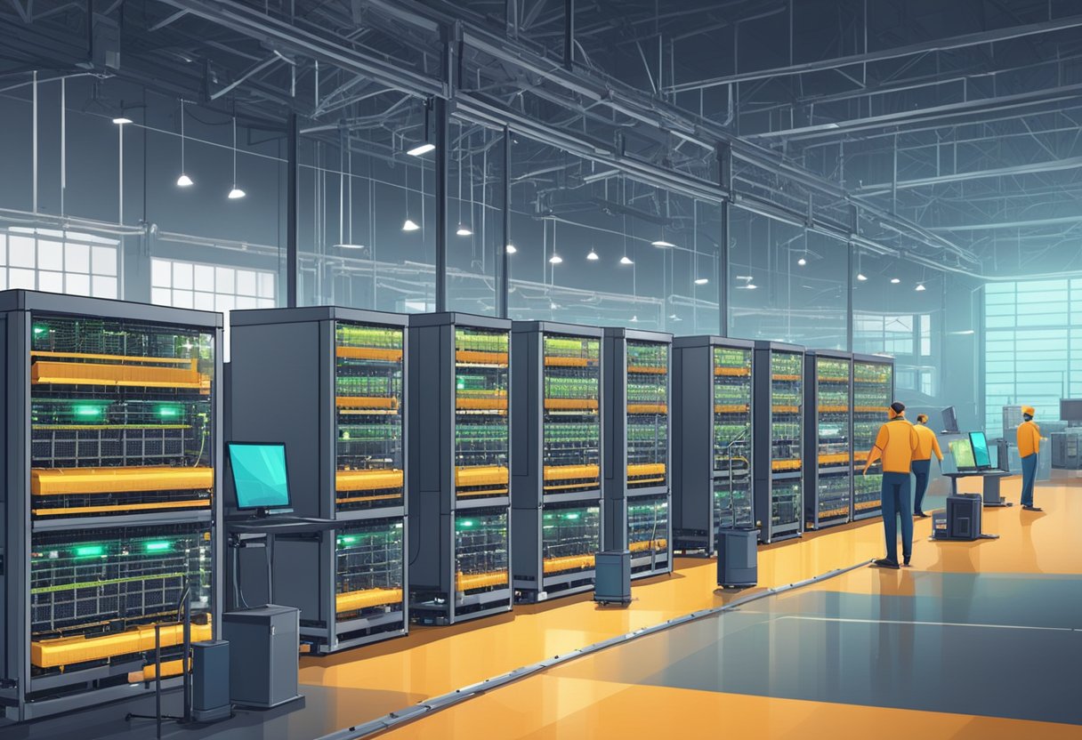 Large mining rigs hum in a spacious, well-lit warehouse. Rows of servers are connected to monitors, with workers monitoring the process