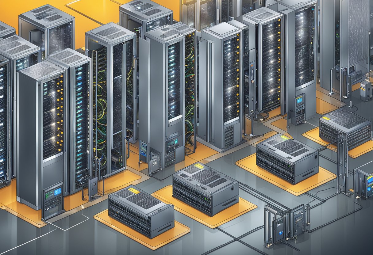 A computer server farm with rows of machines humming and blinking, surrounded by cooling fans and connected to the internet