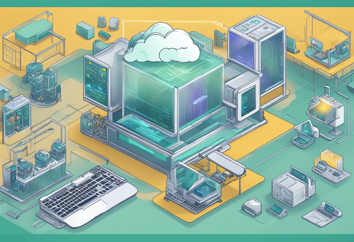 A computer screen displaying the ECOS website with a cloud mining overview, surrounded by technological equipment and a futuristic backdrop