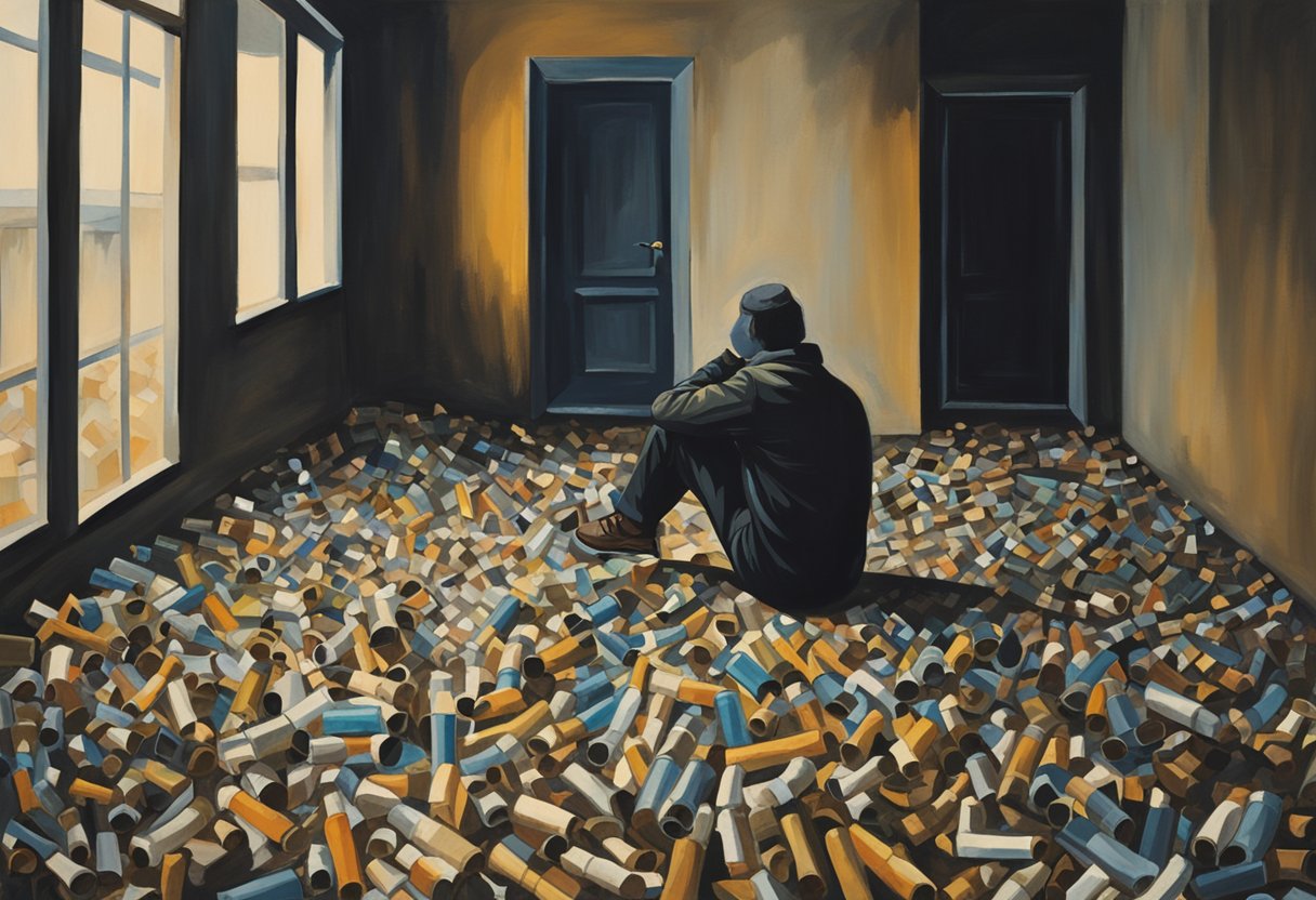 A person sitting alone in a dimly lit room, surrounded by empty bottles and cigarette butts, with a look of despair on their face