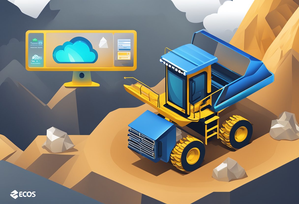 A computer screen displays mining profitability data with ecos.am logo. Mining equipment and clouds are in the background