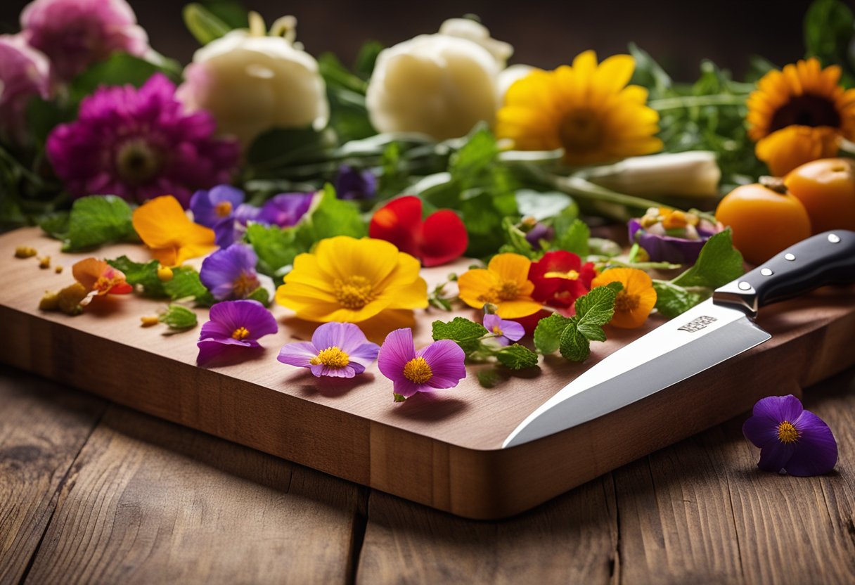 A variety of colorful edible flowers arranged on a wooden cutting board with a knife and a guidebook placed next to them