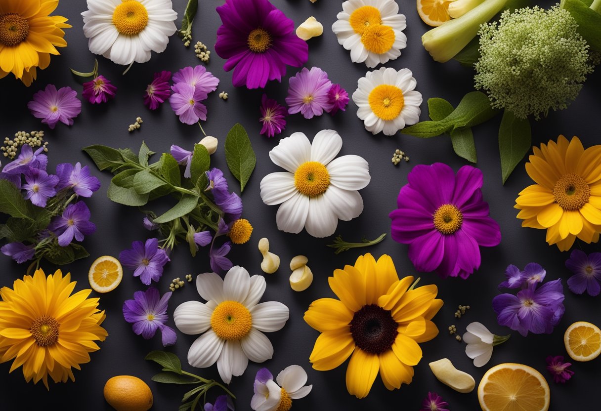 A table with various edible flowers, labeled with safety precautions