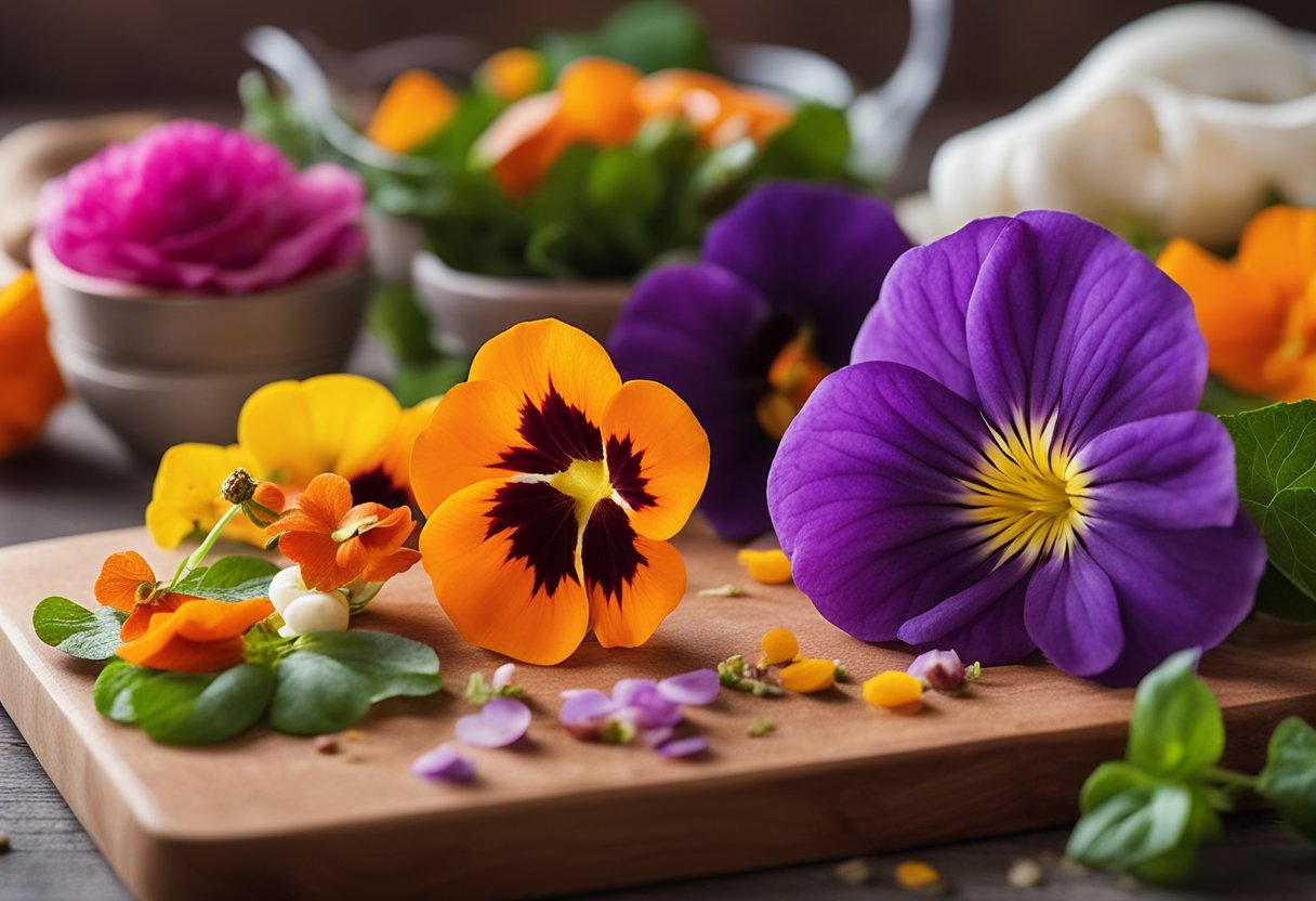 A colorful array of edible flowers, including roses, violets, and nasturtiums, are delicately arranged on a wooden cutting board next to a cookbook titled "Benefits of Edible Flowers."