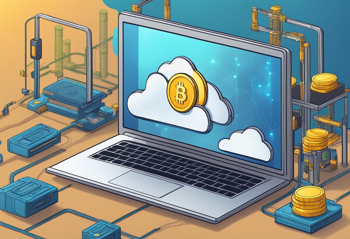 A computer screen displays a cloud mining process with ecos.am. Digital currency flows into a wallet while the mining equipment hums in the background