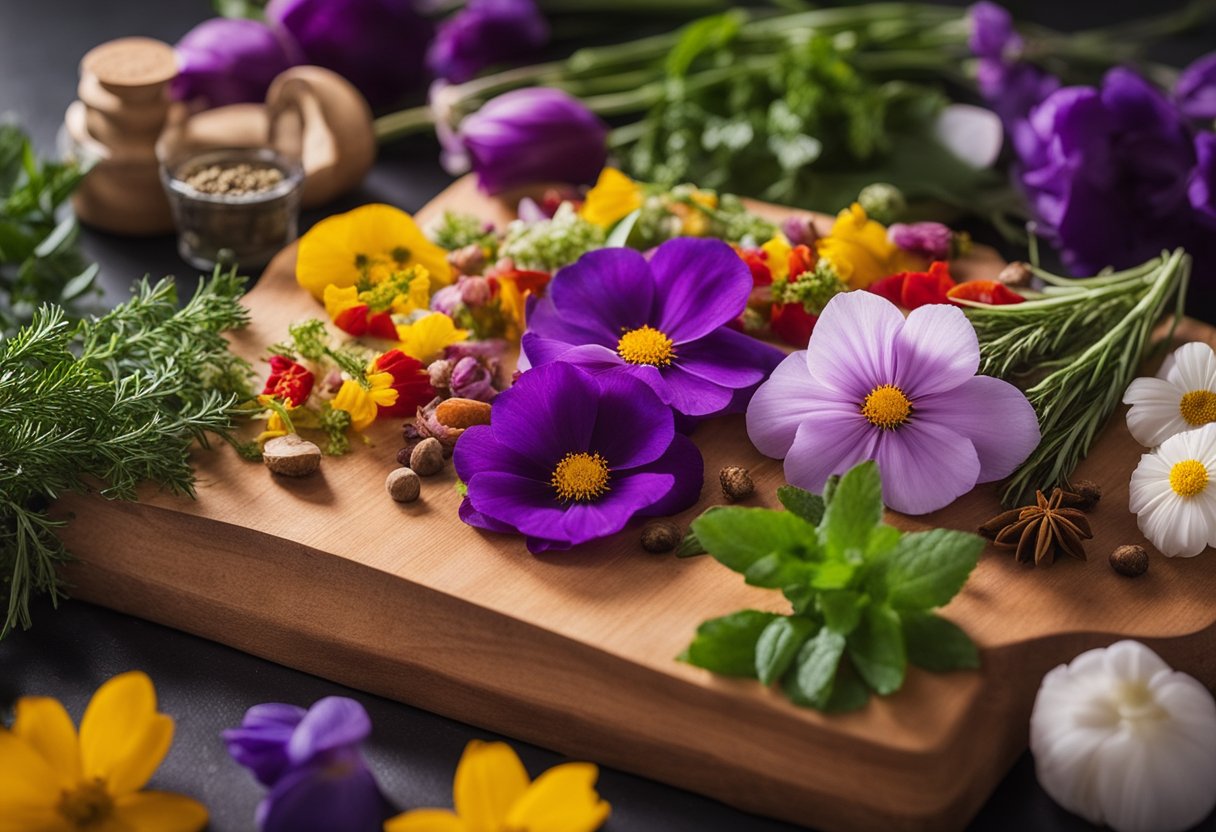 Colorful edible flowers arranged on a wooden cutting board with a variety of herbs and spices scattered around. A guidebook on edible flowers sits next to the display