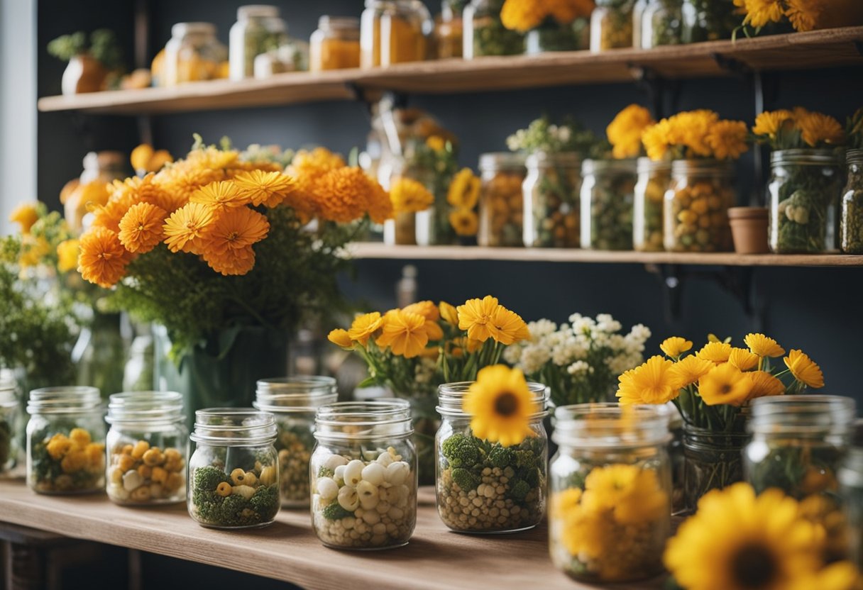 Bright, blooming flowers being carefully picked and placed into baskets. A storage area filled with jars of preserved flowers and a guidebook on edible blooms