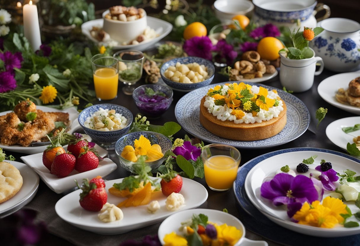 A table set with a variety of dishes, each adorned with vibrant edible flowers. An open book titled "Incorporating into Cuisine: A Guide to Edible Flowers" sits beside the spread