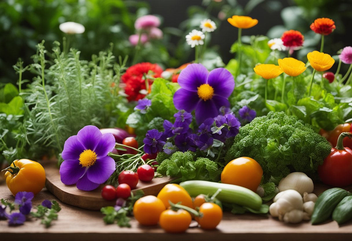 Lush garden with vibrant edible flowers in full bloom, surrounded by various herbs and vegetables. A guide to edible flowers lays open on a wooden table