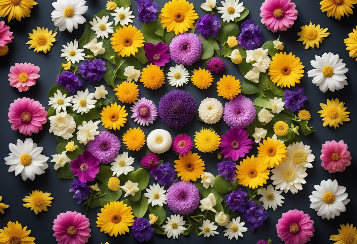 A colorful array of edible flowers arranged in a circular pattern, with labels identifying each type