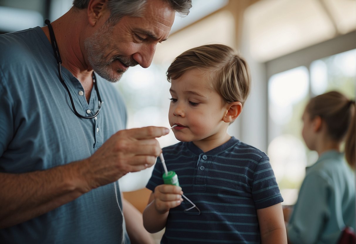 A parent checking a child's temperature with a thermometer