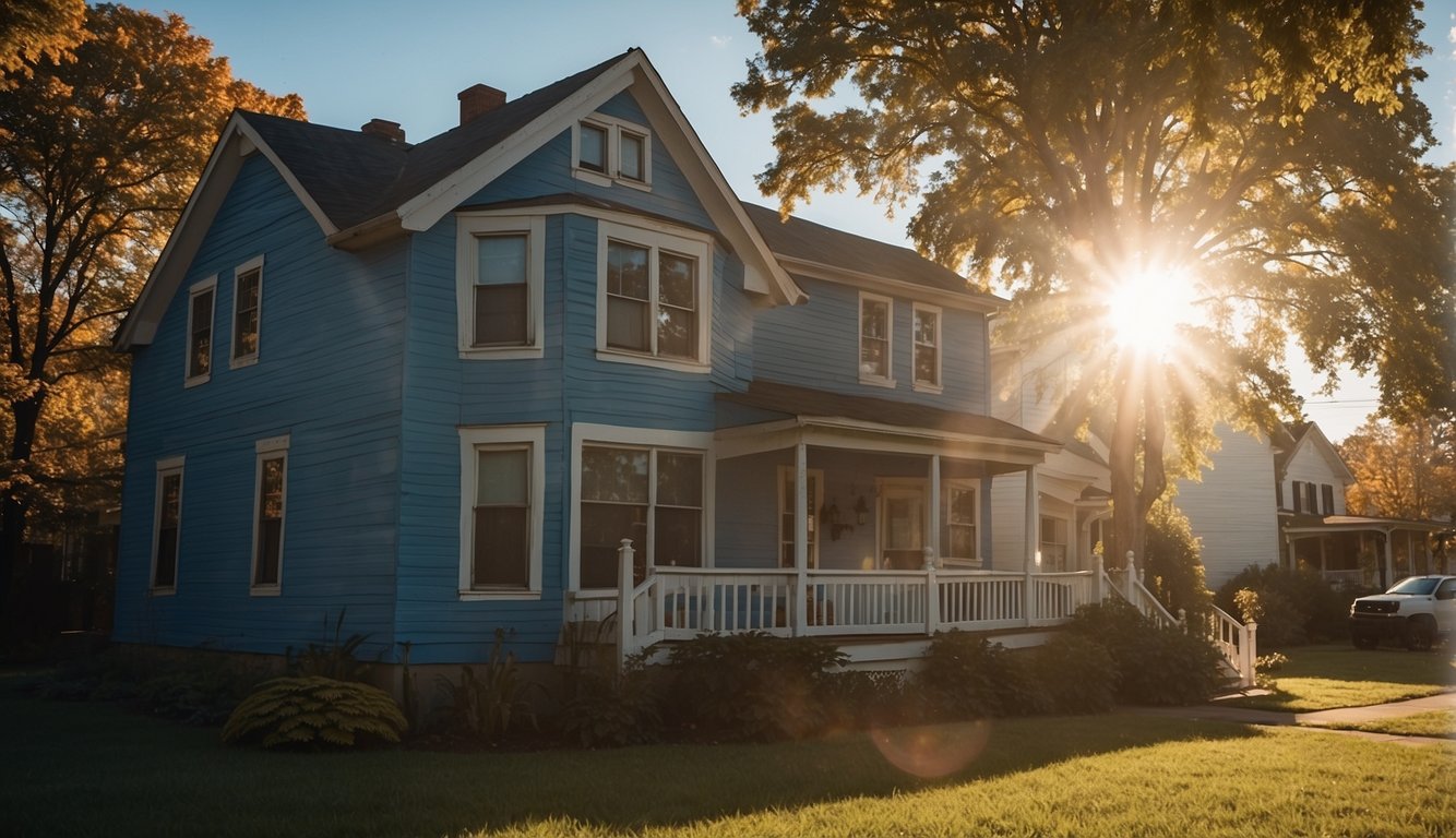 The sun shines on a clear day over a house in Ohio, casting long shadows. The sky is a brilliant blue, and the house's exterior is ready for a fresh coat of paint
