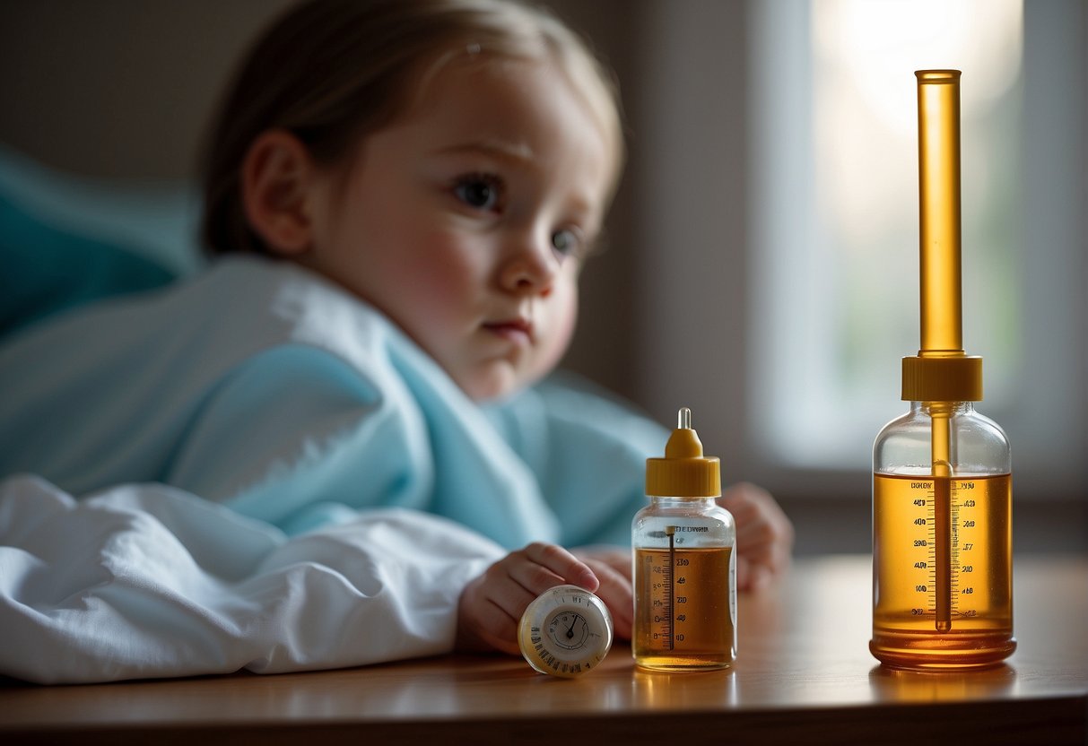 A bottle of fever medicine sits on a table. A worried parent looks at a thermometer, while a child lies in bed
