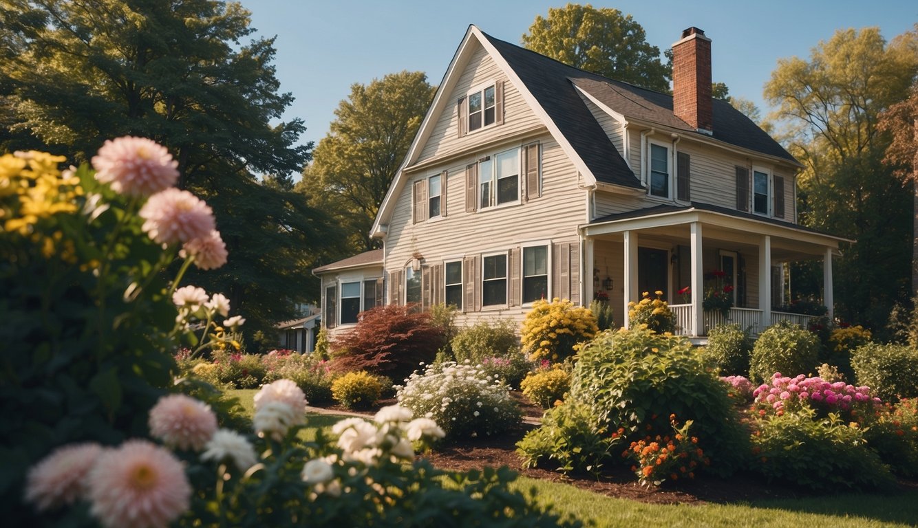 A sunny afternoon in Ohio, with a clear blue sky and gentle breeze. The house is surrounded by neatly trimmed bushes and colorful flowers, while the exterior is being prepped for painting