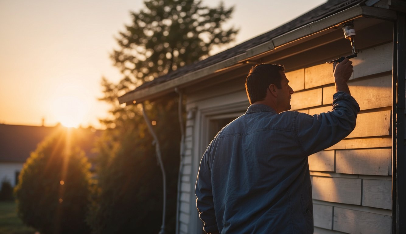 A sunny day in Ohio, a professional painter meticulously coats a house while a homeowner struggles with DIY painting. The contrast between the two methods is evident as the sun sets in the background