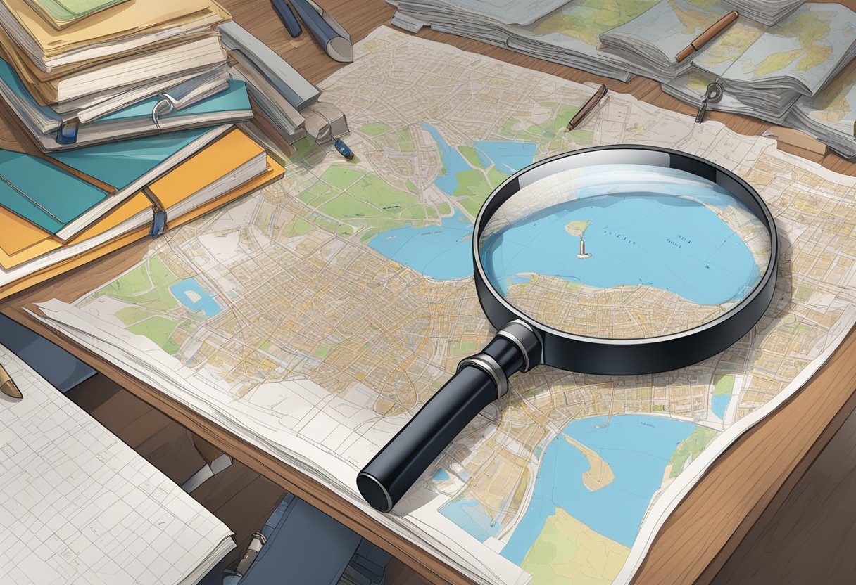 A magnifying glass hovers over a desk cluttered with files, a notepad, and a pen. A map of a city hangs on the wall, marked with pins and strings connecting various locations