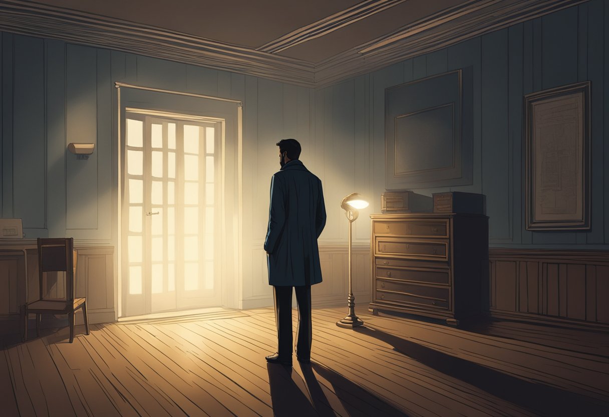 A mysterious figure stands in a dimly lit room, a single spotlight casting an eerie glow. A question hangs in the air, creating an atmosphere of suspense and anticipation