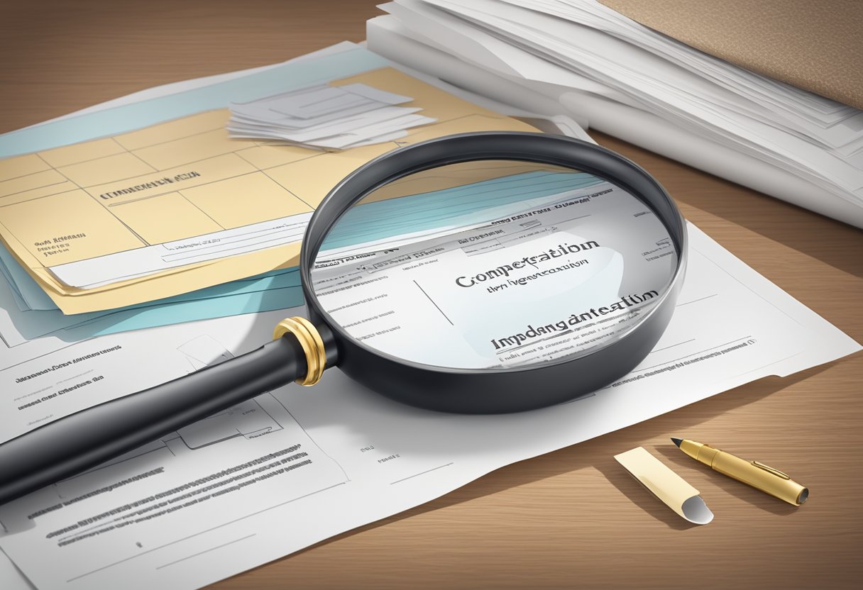 A magnifying glass hovers over a stack of papers with the title "Understanding Compensation How To Become A Private Investigator" printed on them