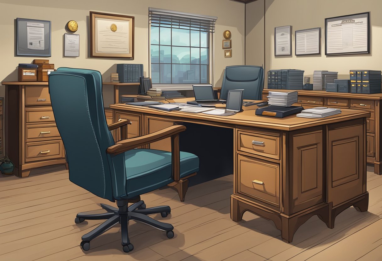 A private investigator's office, with neat desk, filing cabinets, and computer. Awards and certificates on the wall convey professionalism and reputation