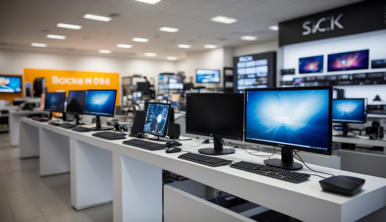 A bright, spacious electronics store with rows of sleek computers and helpful sales staff assisting customers. Displays showcase the latest models and accessories, while signs offer guidance on choosing the right computer