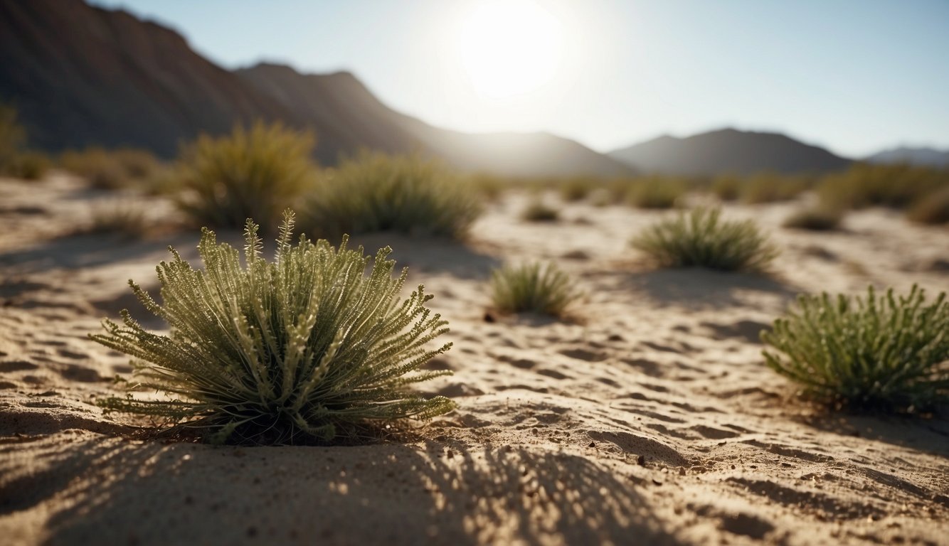 A desert landscape with dry, sandy soil and scattered ephedra plants. The sun is high in the sky, casting harsh shadows on the spiky, green shrubs