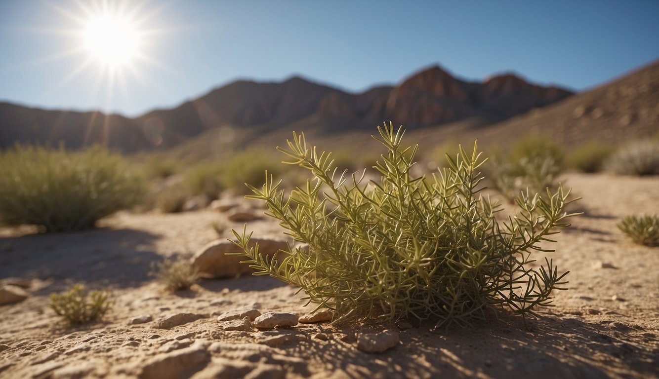 Ephedra plants grow in a dry, desert landscape with rocky terrain and sparse vegetation. The sun beats down on the arid environment, casting shadows across the rugged land