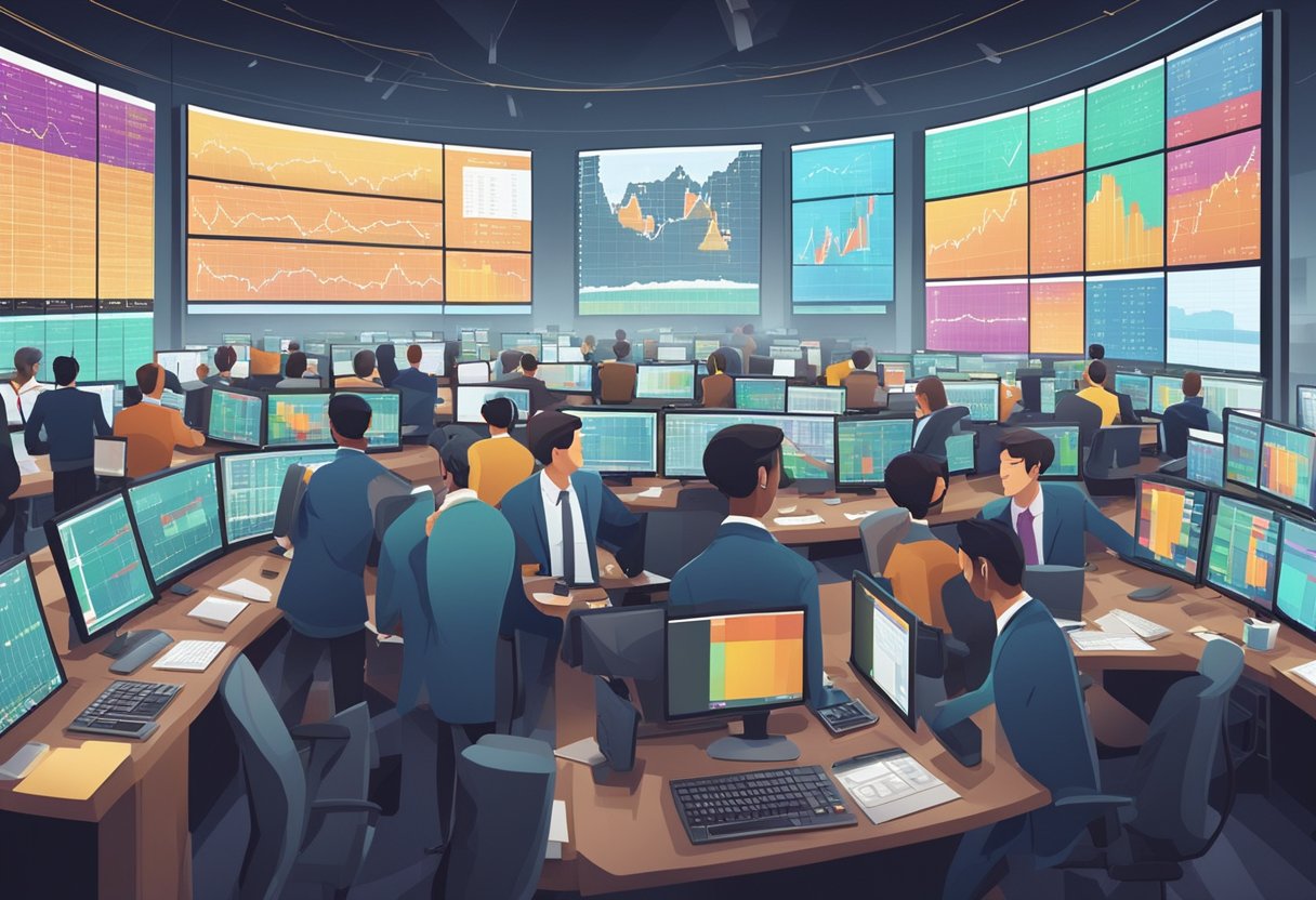 A bustling trading floor with charts and graphs displayed on screens, traders analyzing data and making quick decisions, a sense of urgency and excitement in the air