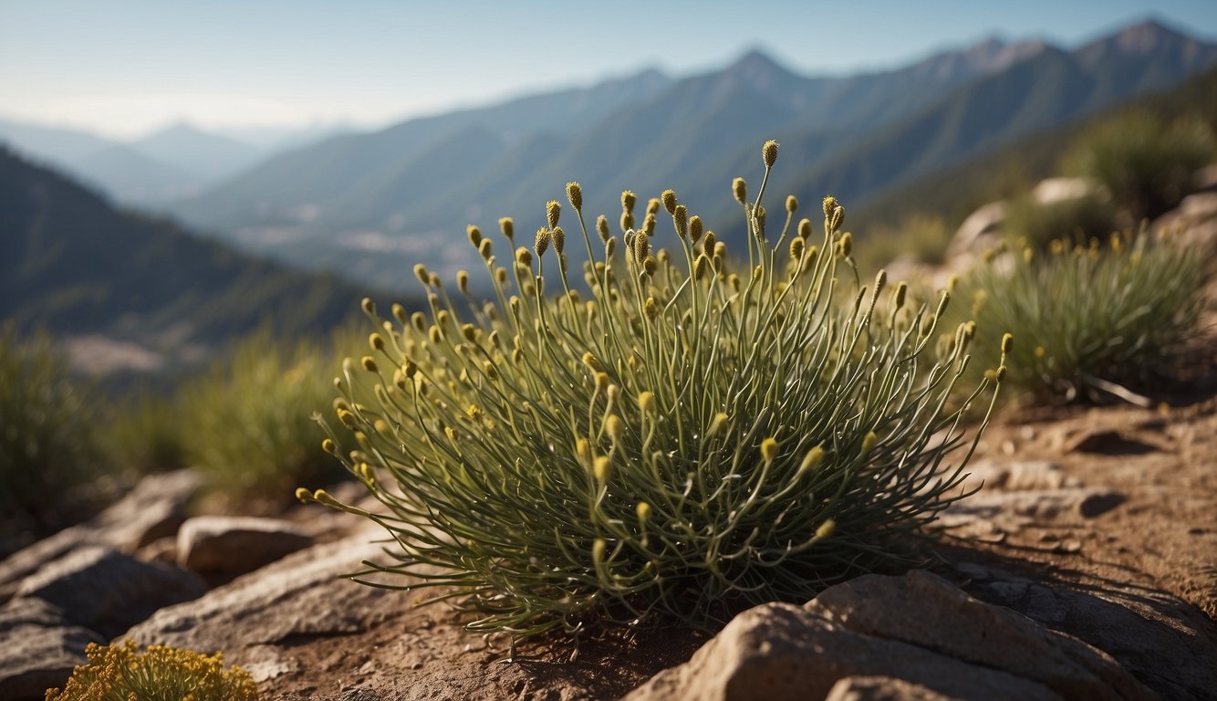 A serene mountain landscape with ephedra plants thriving in the foreground, showcasing their natural beauty and symbolizing their health benefits