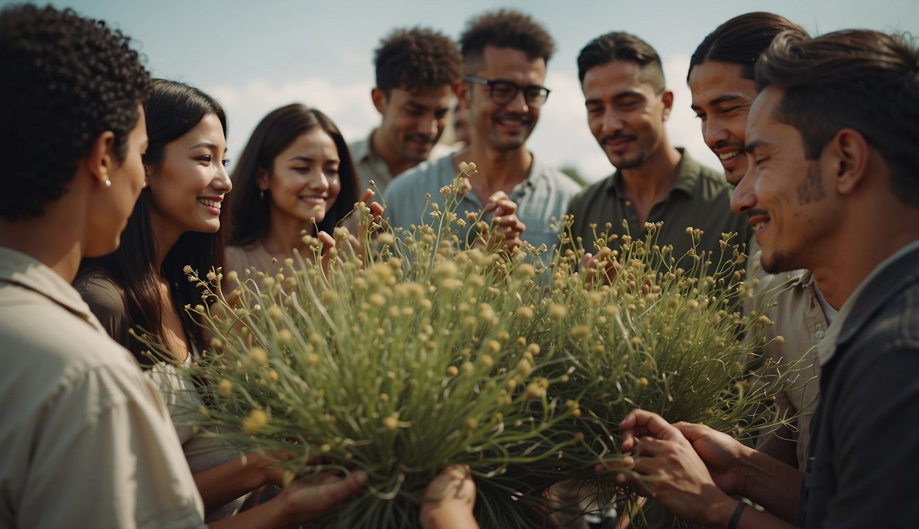 A group of people from different cultural backgrounds gather around a plant of Ephedra, engaging in various social activities and rituals