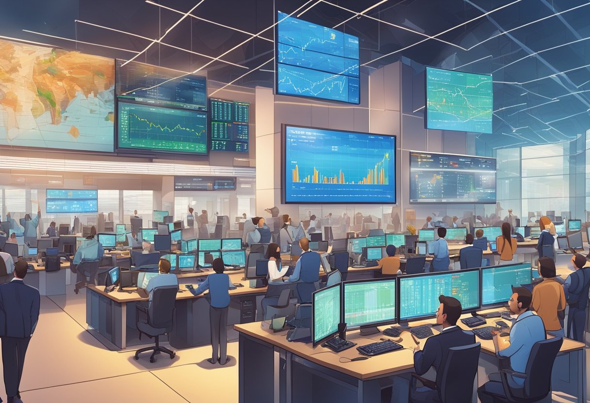 A bustling trading floor with digital screens displaying currency exchange rates, traders analyzing charts, and a sense of excitement and opportunity in the air