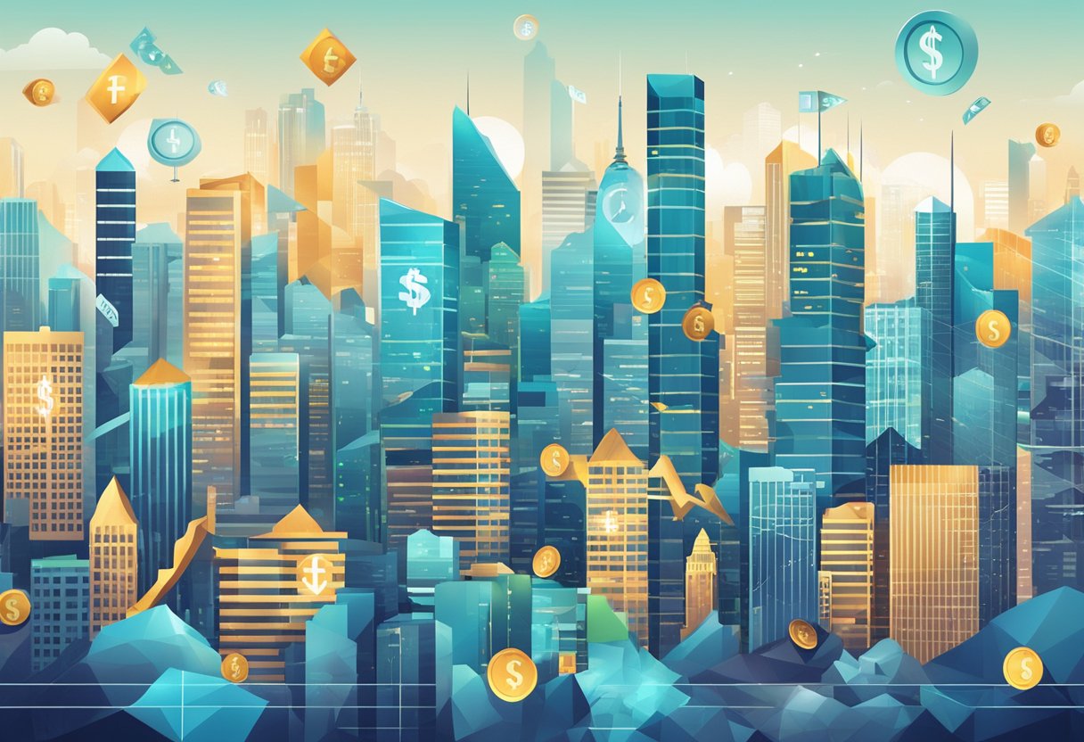 A bustling city skyline with financial buildings, currency symbols, and fluctuating graphs, representing the dynamic and attractive nature of the forex market