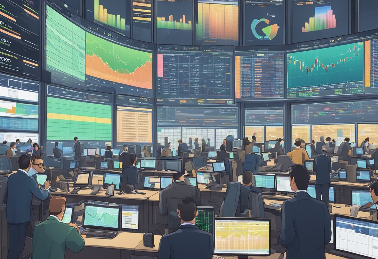 A bustling trading floor with screens displaying currency exchange rates, traders analyzing charts, and a sense of urgency in the air