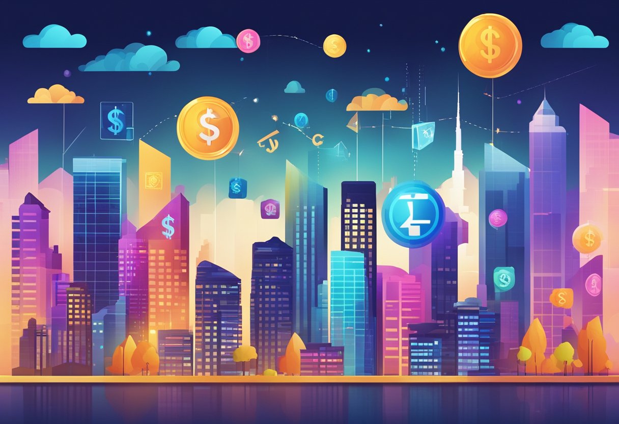 A vibrant city skyline with currency symbols floating in the air, surrounded by graphs and charts showing upward trends