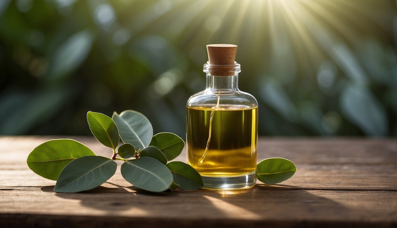 A bottle of eucalyptus oil sits on a wooden table, surrounded by fresh eucalyptus leaves. A diffuser releases a gentle mist, filling the air with a calming aroma