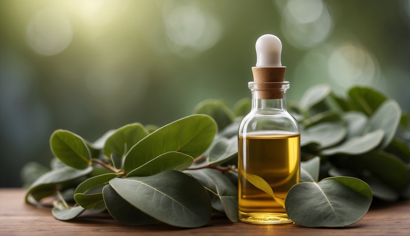 A bottle of eucalyptus oil surrounded by fresh eucalyptus leaves and a diffuser, with a soft, natural light illuminating the scene