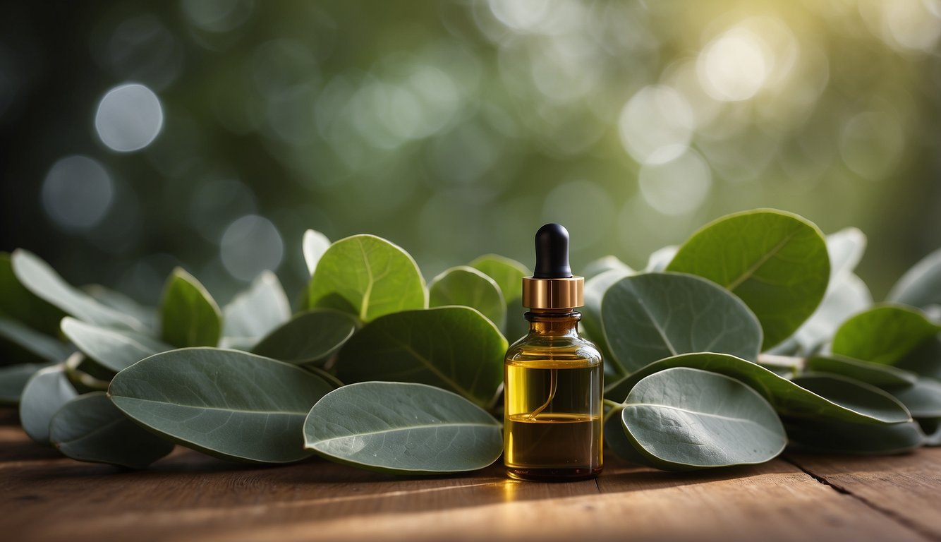 A bottle of eucalyptus oil surrounded by fresh eucalyptus leaves and a diffuser emitting a calming mist