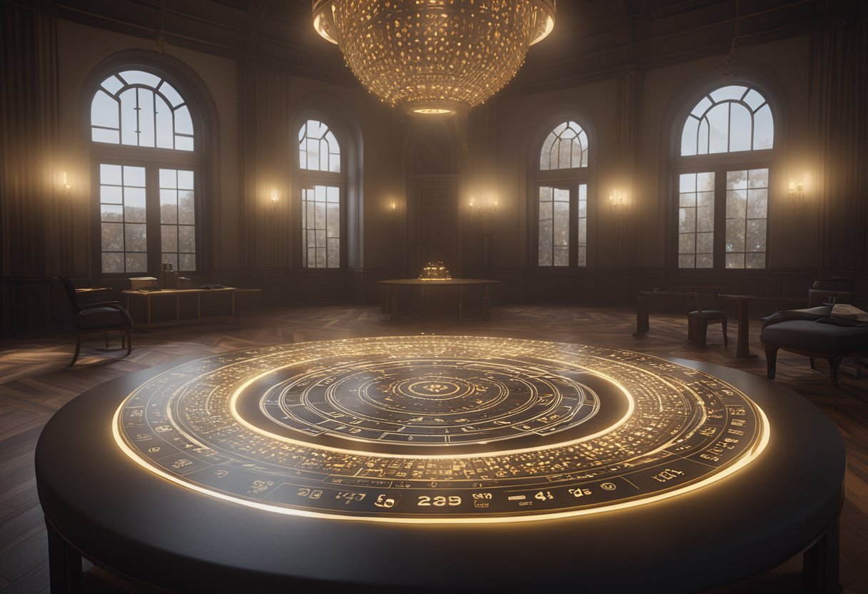 A table with 32 objects arranged in a circular pattern, surrounded by symbols and numbers, with a mystical glow emanating from the center