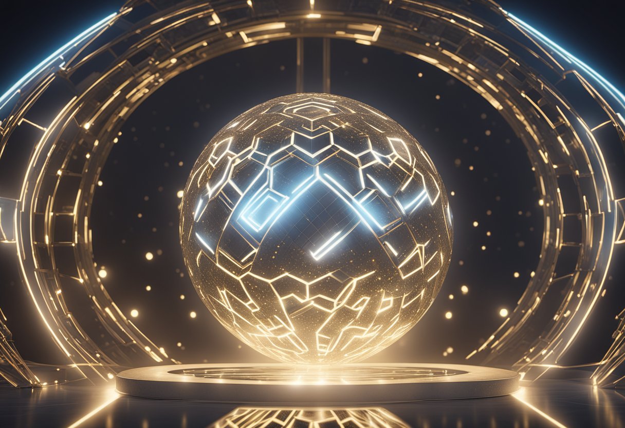 A glowing orb radiates energy in a pattern of repeating 32s, surrounded by swirling light and geometric shapes