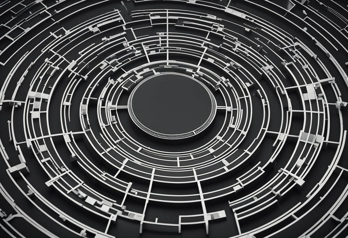 A circle divided into 32 sections, each containing a different symbol or number connected by intricate lines