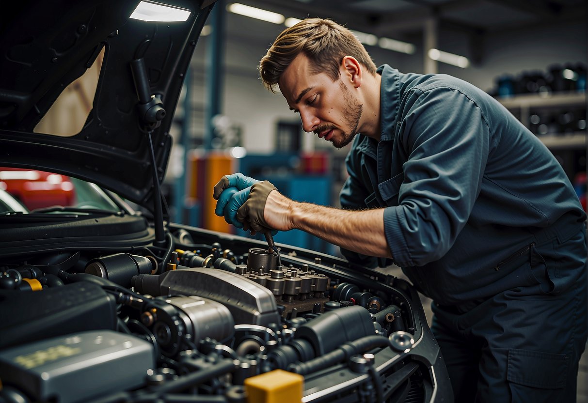 A mechanic repairing an engine, surrounded by tools and parts, ensuring a thorough and honest repair process