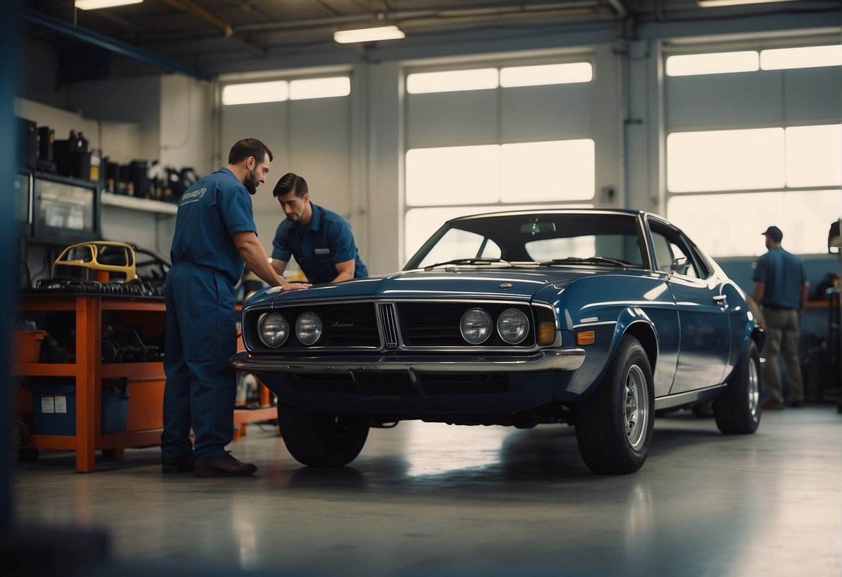 A car being serviced in a well-lit garage, with a mechanic inspecting the engine and a customer observing from a distance