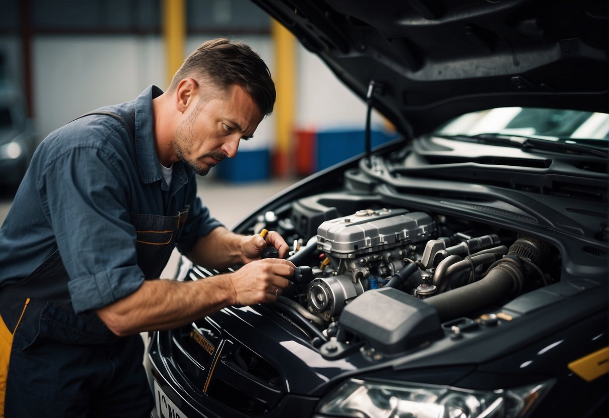 A mechanic inspecting a car engine with various tools and parts scattered around, with a look of determination and focus on their face