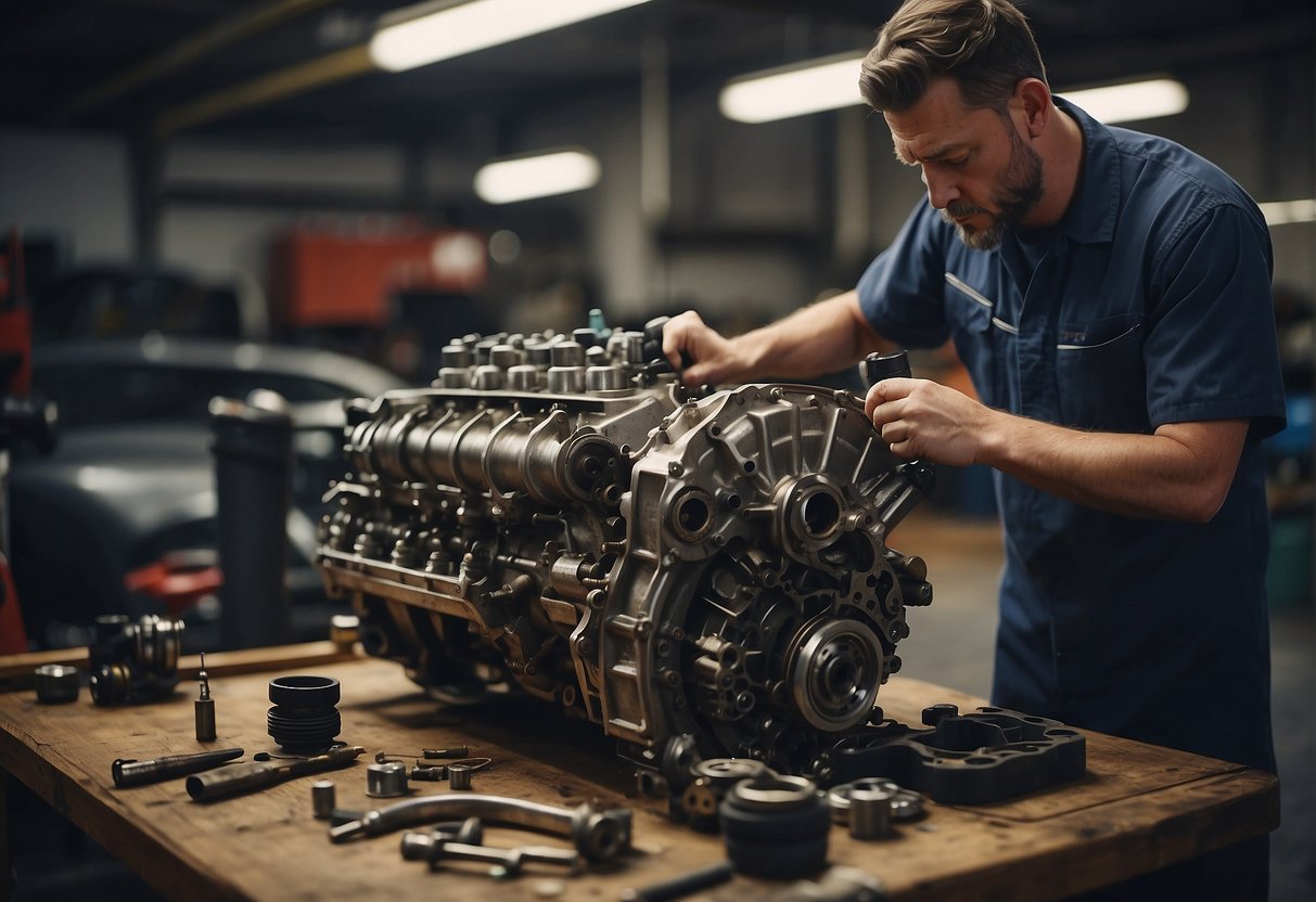 An engine being repaired in a garage with various tools and parts scattered around. A mechanic examining the engine with a puzzled expression