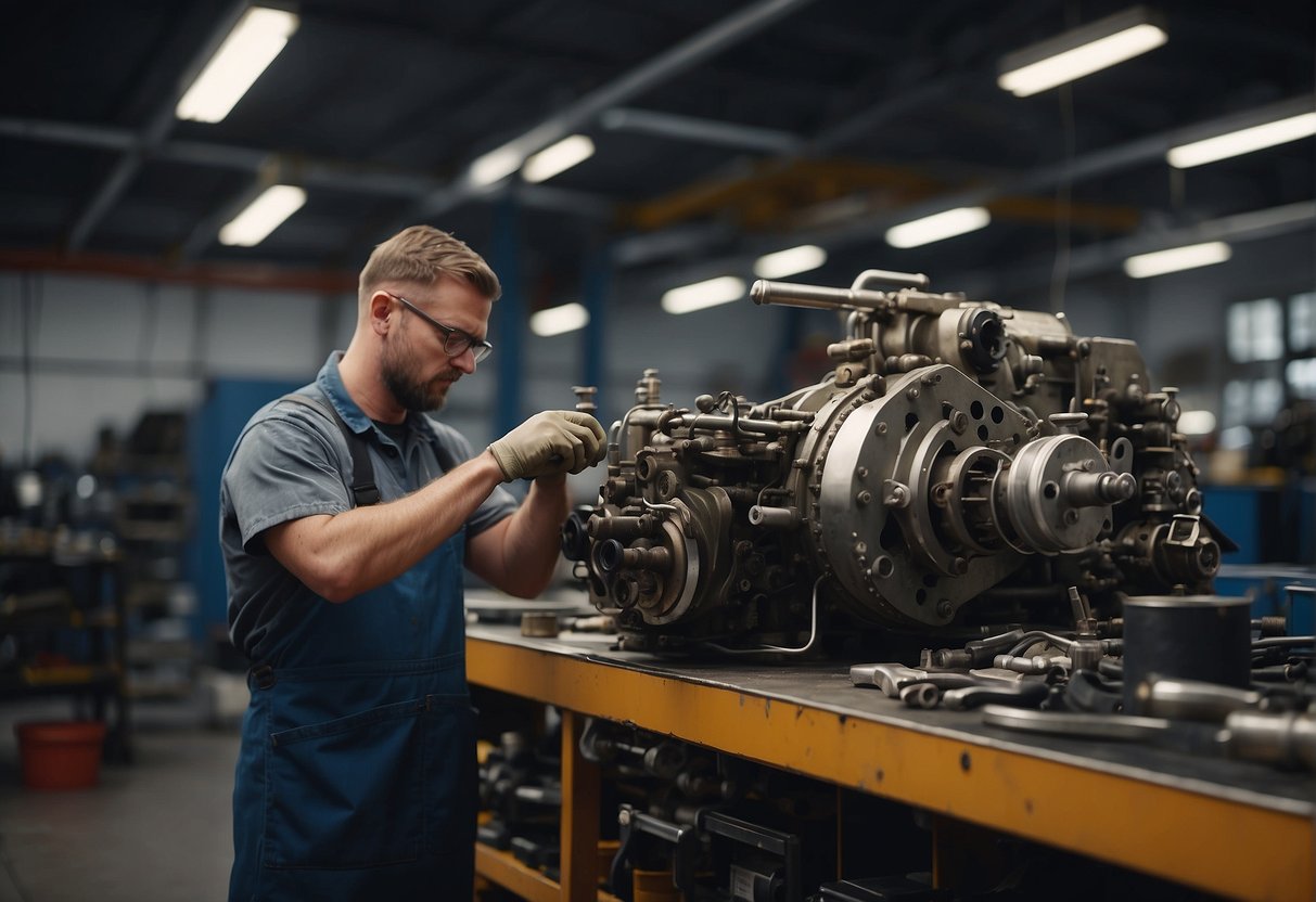 An engine being repaired and maintained in a workshop. Tools and equipment scattered around. A mechanic inspecting and working on the engine components