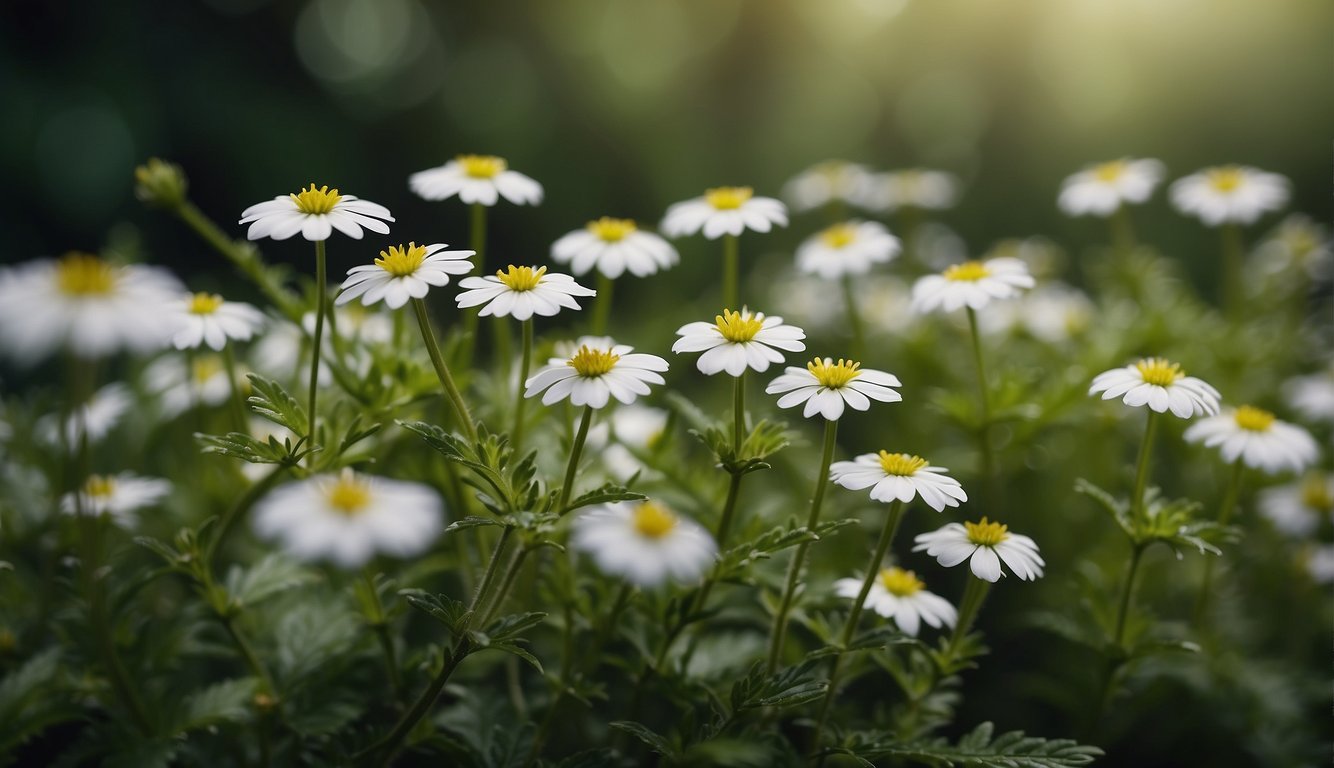 Eyebright plant with delicate white flowers, surrounded by lush green leaves, set against a backdrop of a serene garden