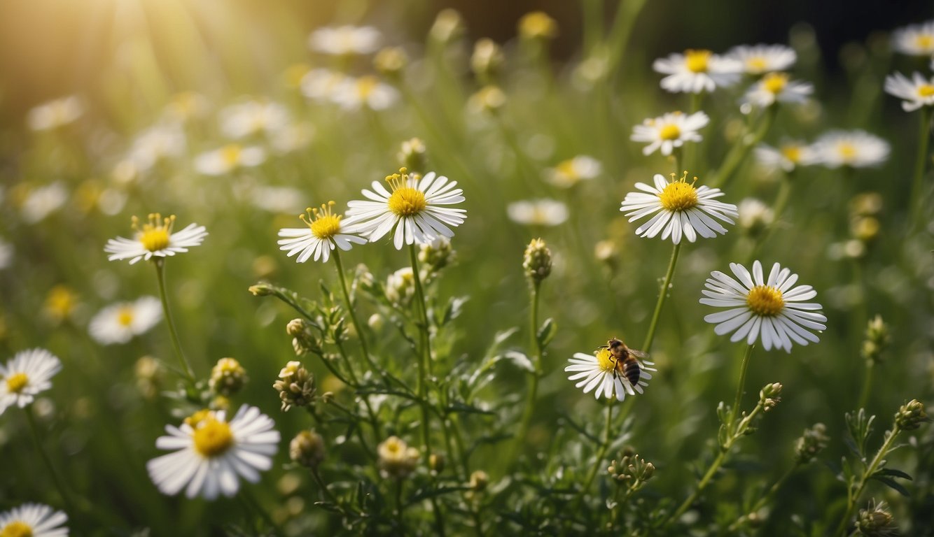 A field of vibrant green eyebright plants, with delicate white and yellow flowers, surrounded by buzzing bees and butterflies