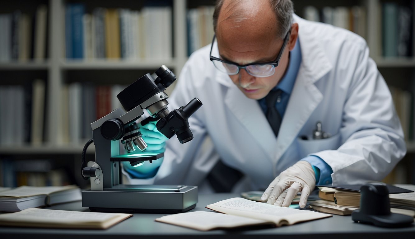 A scientist examines a specimen of eyebright under a microscope, surrounded by books and research papers