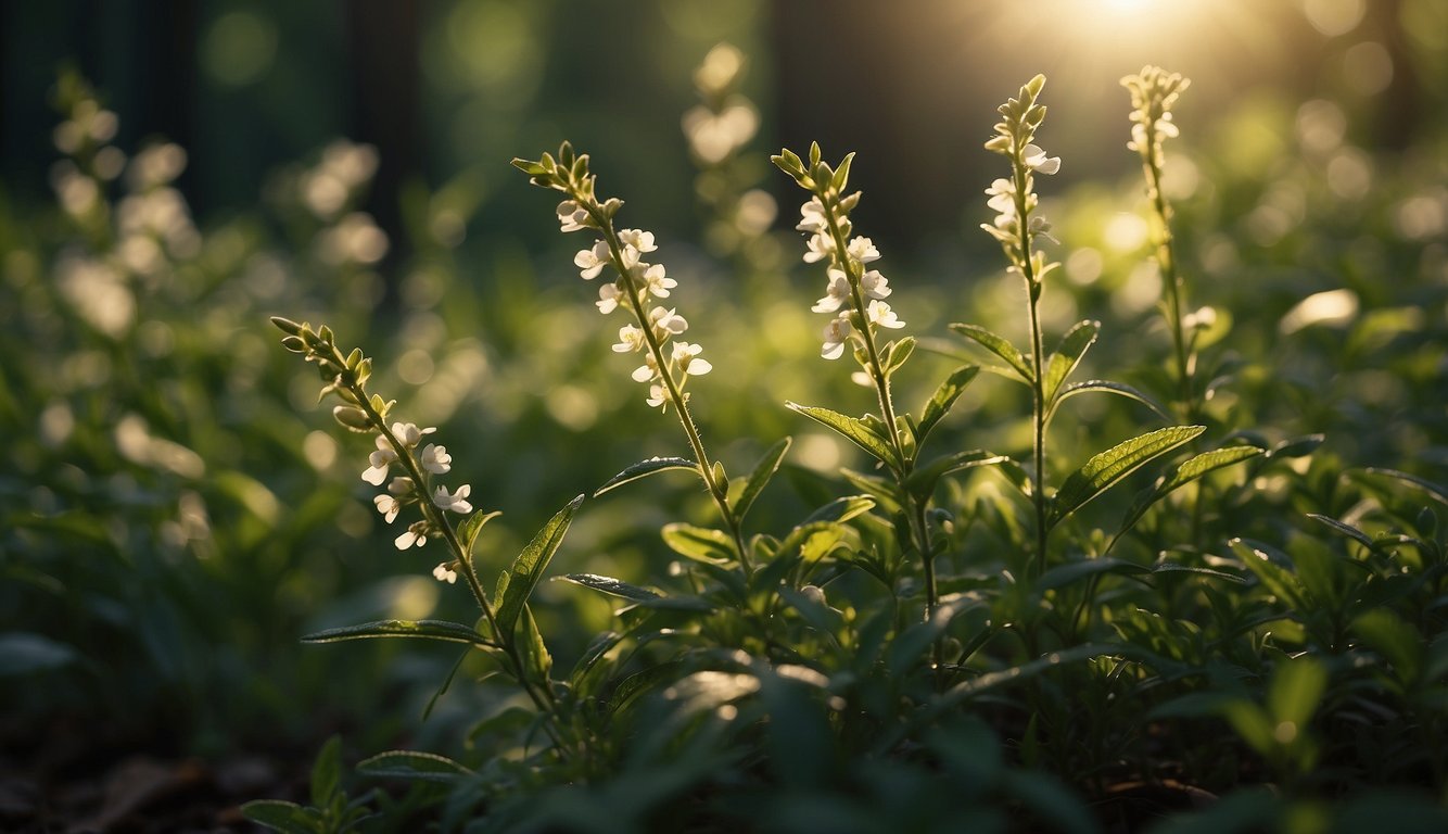 Sunlight filters through green leaves, casting dappled shadows on delicate Eyebright flowers nestled among the underbrush