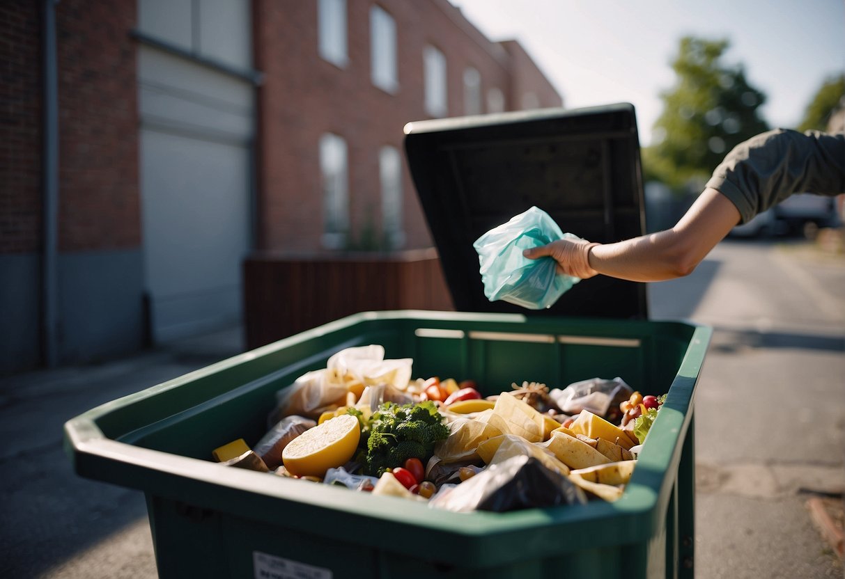 A food handler throws garbage into an outdoor dumpster